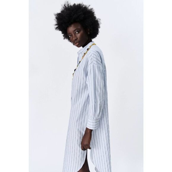 Zara Linen Blend Shirt Dress New Striped - Picture 4 of 11